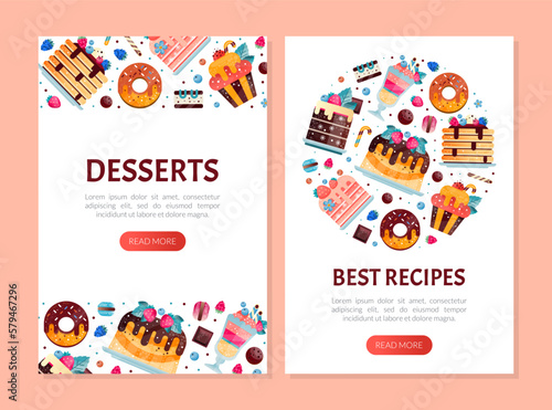 Tasty Dessert Design with Cake and Sweet Donut with Chocolate Vector Template
