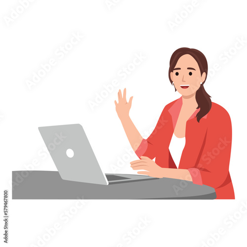 Stay and work from home. Video conference illustration. Workplace, laptop screen, group of people talking by internet.