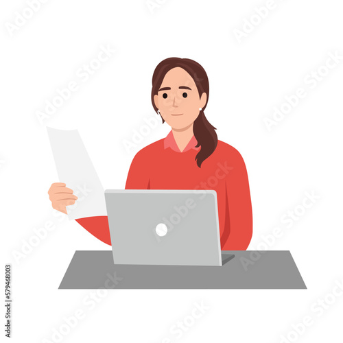 Young successful businesswoman reading documents. Smiling young female employee busy at laptop checking paperwork in office. Flat vector illustration isolated