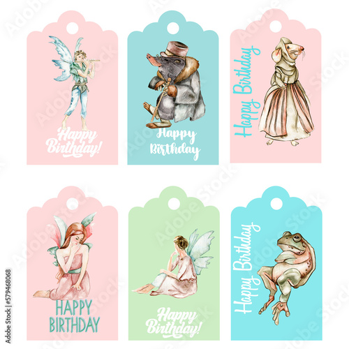 Set of happy birthday  tags. Illustration isolated on white background. Watercolor illustration fayry tales.Template label set.Wedding cake design. Hand drawn design baby shower party, birthday, cake. photo