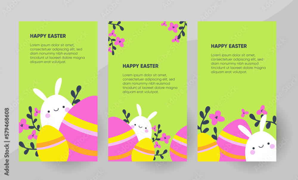 Happy Easter social media story template with Easter bunny and Easter eggs. Vector illustration in cartoon style for poster, banner or social media post.