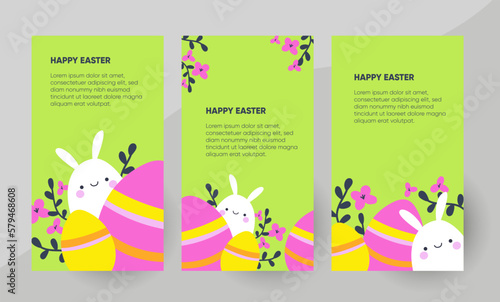 Happy Easter social media story template with Easter bunny and Easter eggs. Vector illustration in cartoon style for poster  banner or social media post.