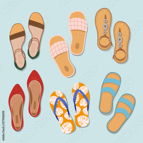 Women's summer footwear. Set of vector illustrations. Colorful collection of summer sandals design elements. View from above.