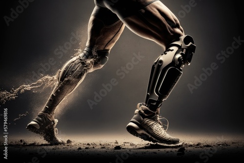 Close-up illustration of an athlete's legs with prosthetics in the style of the future. AI Generation