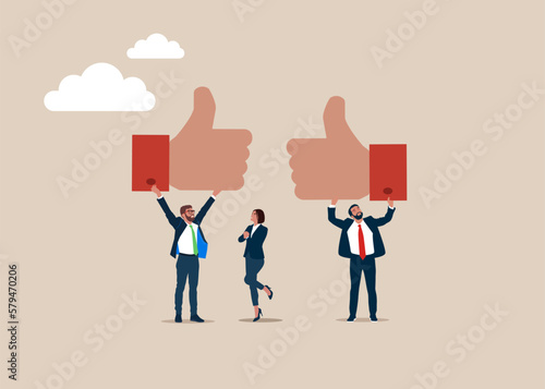 Customers showing like, giving support to top service. Rating, survey, marketing, business success. Positive feedback to product quality.  Modern vector illustration in flat style