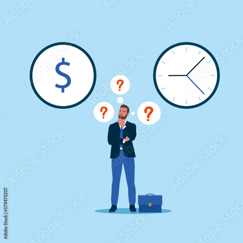 Businessman making choice between money and time. Modern vector illustration in flat style