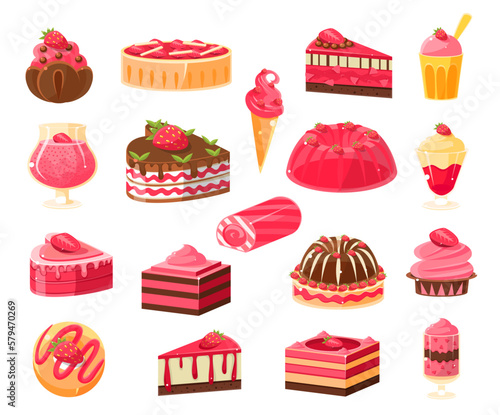 Sweet Pastry and Dessert with Strawberry Fruit with Cake, Pudding and Mousse Big Vector Set