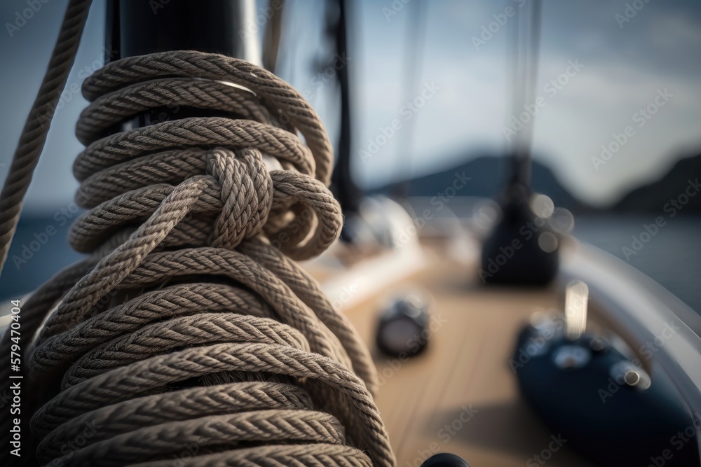 Closeup image of ropes lying on the wooden deck. AI Generation