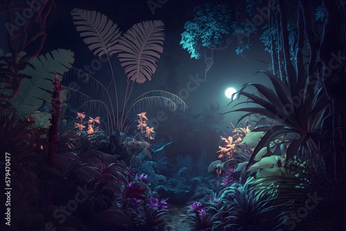 Nocturnal marine habitat with lunar glow, coral reef, and underwater jungle © Michael