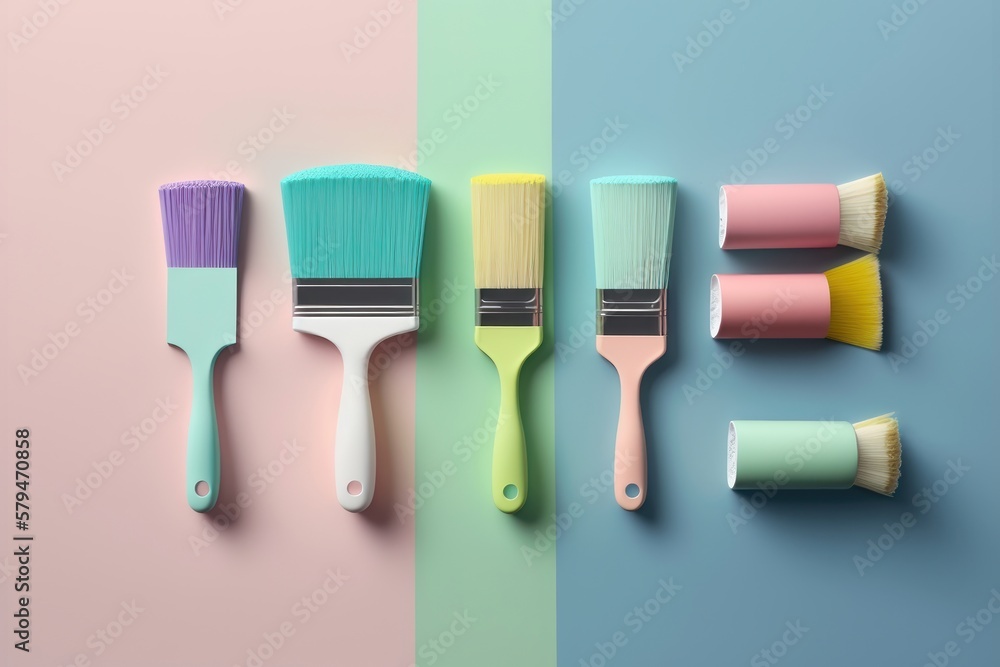 Naklejka premium Brushes with wooden handles and paint on a blue pastel background. Renovation concept. AI generation