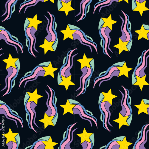 1970 disco hippie groovy shooting stars on dark. Falling stars with rainbow wavy tail doodle seamless pattern. Perfect for cover y2k retro party textile wallpaper fabric posters. Vector illustration.