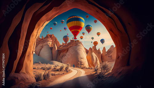 Flying baloons in Cappadokia, Turkey photo