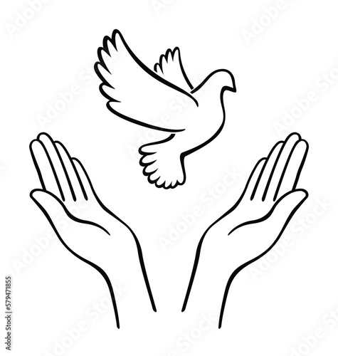 open hands with flying peace dove