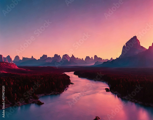 Sunrise over the river. Generative AI © Adrian
