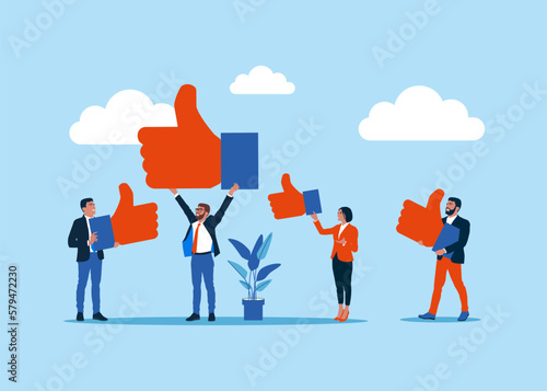 Happy clients  or business people giving positive feedback to product quality. Rating, survey, marketing, business success. Positive feedback to product quality. Flat vector illustration