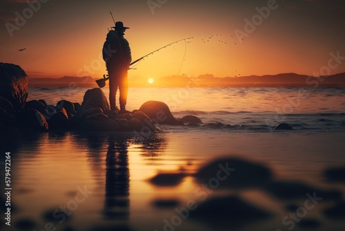 Male fisherman holds fishing rod, silhouette of man on pier by the sea against sunset. AI Generation