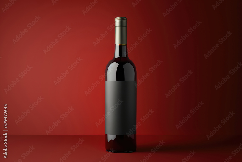 Wine Bottle mockup on red background with blank labels. AI Generation