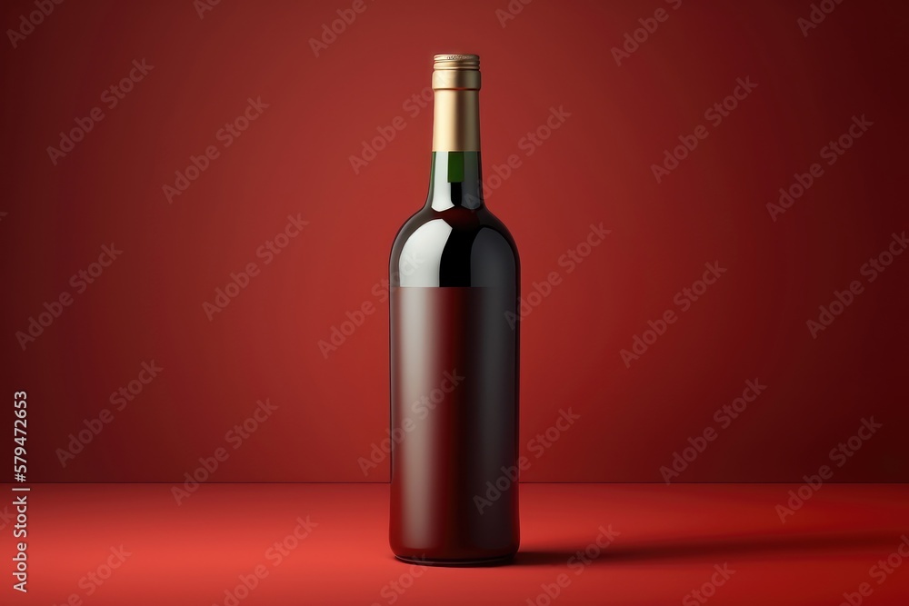 Fototapeta premium Wine Bottle mockup on red background with blank labels. AI Generation