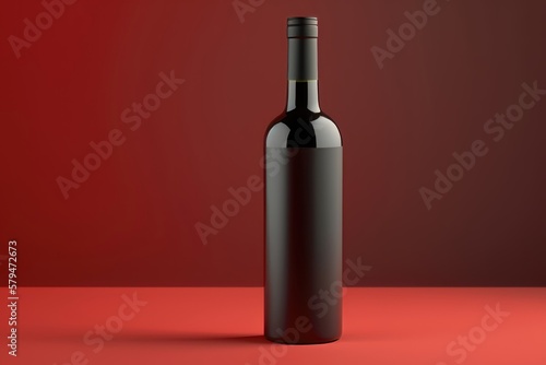 Wine Bottle mockup on red background with blank labels. AI Generation
