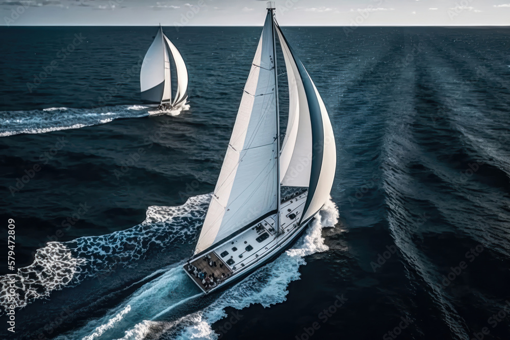 Obraz premium Regatta sailing ship yachts with white sails at opened sea in windy condition. AI Generation