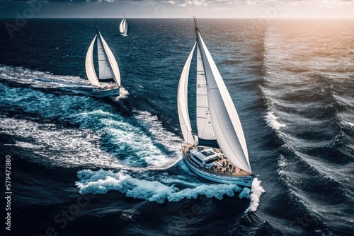Regatta sailing ship yachts with white sails at opened sea in windy condition. AI Generation photo