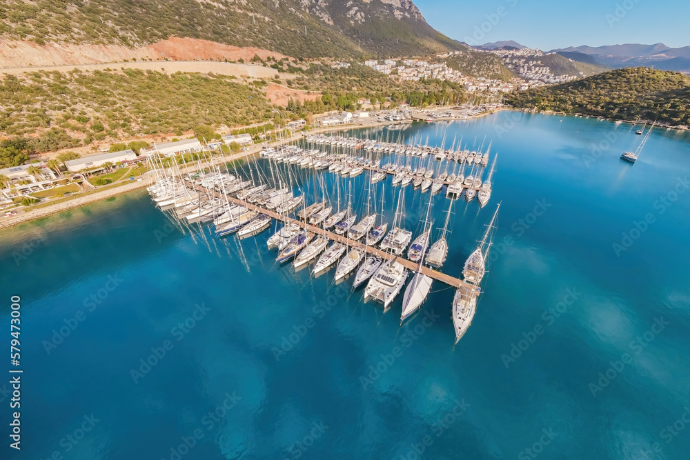 Yachts anchored at yacht club marina, Aerial wide shot