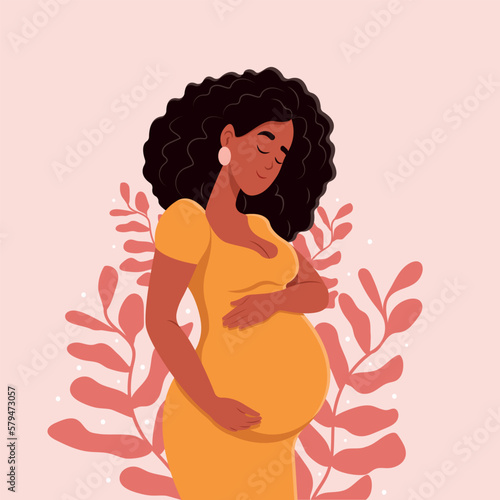 Healthy pregnancy. Beautiful pregnant black woman hugs her belly. The concept of pregnancy and motherhood. Healthy pregnancy. Vector flat illustration.