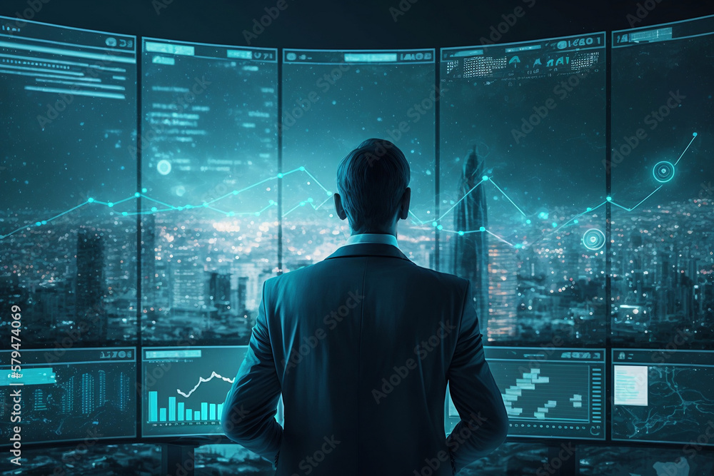 Finance trade manager analyzing stock market indicators for best investment strategy, financial data, and charts with business buildings in the background, futuristic style. Generative AI - obrazy, fototapety, plakaty 