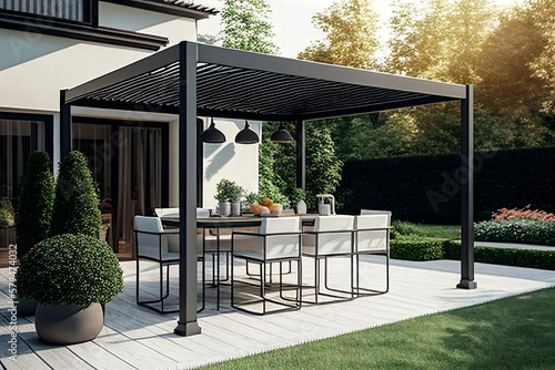 Modern patio furniture includes a pergola shade structure, an awning, a patio roof, a dining table, seats, and a metal grill. Generative AI
