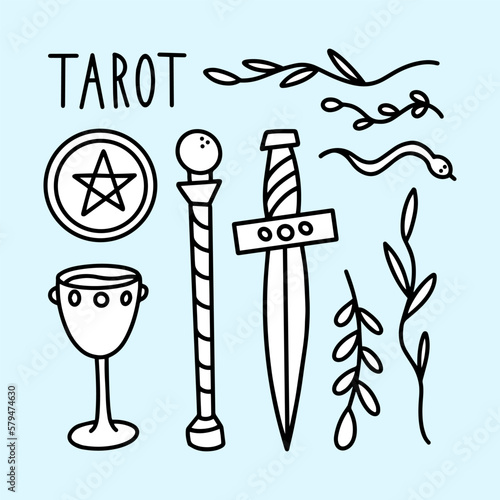Vector doodle Tarot set. Minor Arcana. Suits of minor arcana tarot cards. Wands, Cups, Swords, Pentacles. Magic elements.