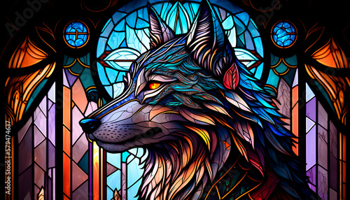 wise wolf, colorful stained glass, bright colors