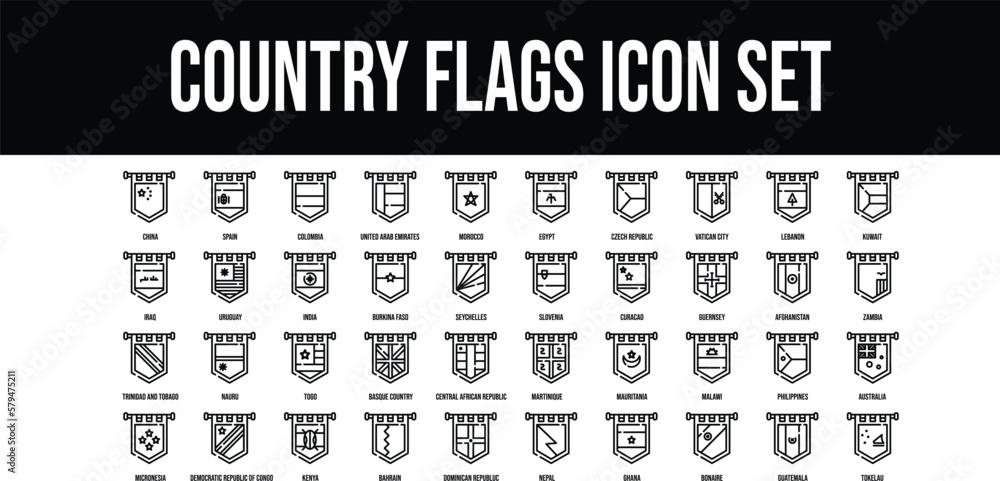 Country Flags stroke outline icons set 