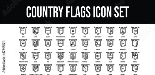 Country Flags stroke outline icons set 