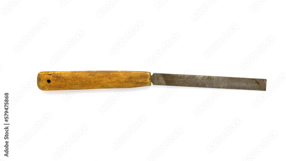 Old used file with wooden handle isolated on white Old used file with wooden handle isolated on white