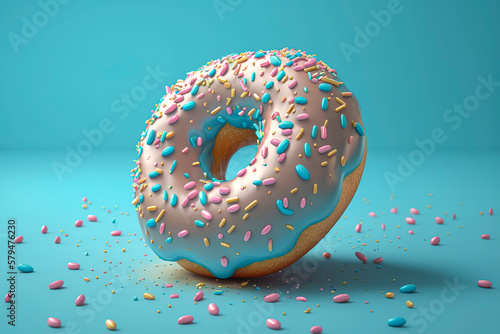 An Illustration of a Mouthwatering Donut with Sprinkles and Icing, Set Against a Soft and Dreamy Pastel Blue Background,  for Foodies and Donut Lovers. created with Generative AI technology