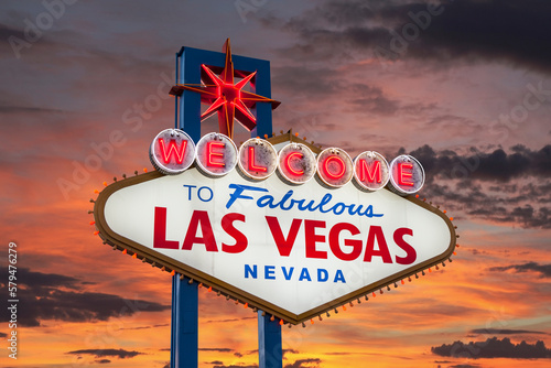 Sunset view of the famous Welcome to Fabulous Las Vegas sign.