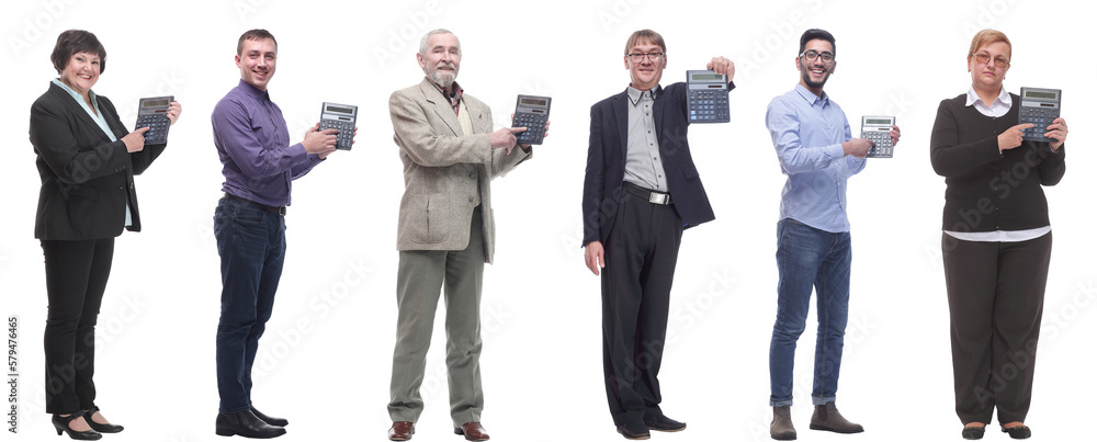 collage of people demonstrate calculator in hand isolated collage of people demonstrate calculator in hand isolated