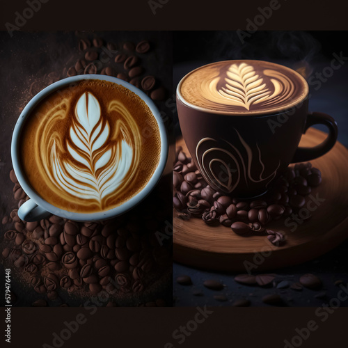 Coffee Cup with Whipped Cream Illustration on Coffee Bean Background created with Generative AI technology