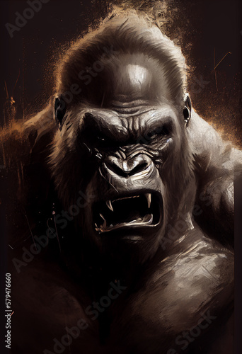 Angry Gorilla Screams. Digital Painting. T-shirt or poster design. Generative Ai. © ckybe