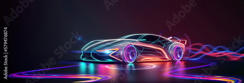 Generic abstract futuristic Glowing Concept Car neon wireframe banner with copyspace empty area - Generative AI photo