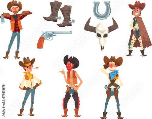 Wild west cowboys character and accessories set cartoon vector Illustration