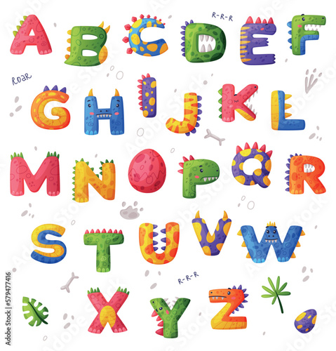 Dino font. Dinosaur alphabet, cute dino effect letters, abc for kids, nursery, birthday party design cartoon vector illustration