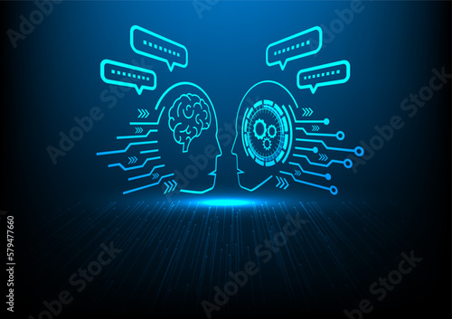 Human Chat with ai, Chat GPT. Technology communication, blue background futuristic. Human and bot chat. Future cooperation. Machine learning. Analysis information. Modern design  photo