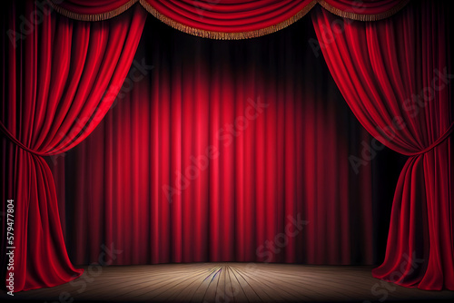 Empty theater stage with red velvet curtains. illustration Generative AI content
