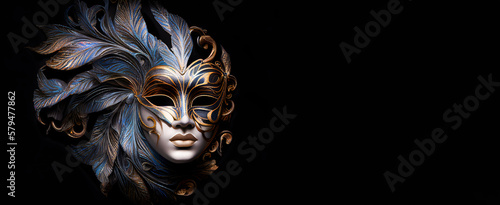 horizontal, long banner with a venetian mask on a black background. poster for carnival