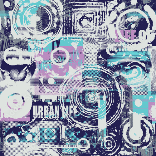Abstract seamless pattern with newspaper headlines, concerned human eyes, urban landscapes in grunge texture. Chaotic background on the theme of city life in retro style. Wallpaper, wrapping paper
