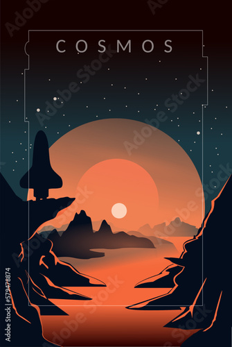 Poster mit Schriftzug: Bizarre Landschaft eines Planeten mit Space Shuttle - Raumflug - Mission