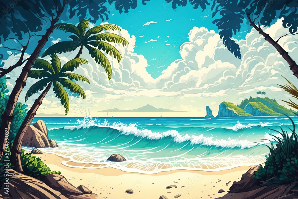 Seascape illustration sandy beach with coconut trees, bright blue sea with white waves, islands with green forests on the horizon, white clouds in the sky, art illustration