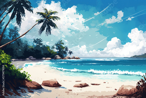 Seascape illustration sandy beach with coconut trees  bright blue sea with white waves  islands with green forests on the horizon  white clouds in the sky  art illustration