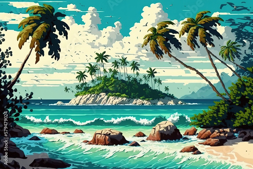 Seascape illustration sandy beach with coconut trees, bright blue sea with white waves, islands with green forests on the horizon, white clouds in the sky, art illustration